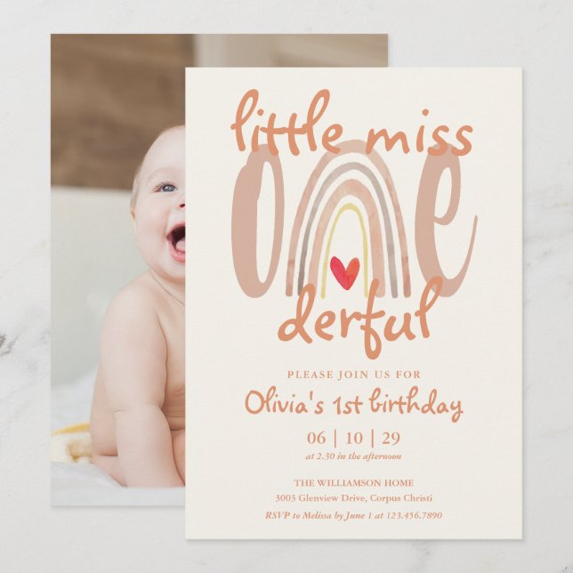 Little Miss Onederful Rainbow Photo 1st Birthday Invitation (Front/Back)