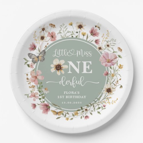 Little Miss ONEderful Sage Green Wildflower Party Paper Plates