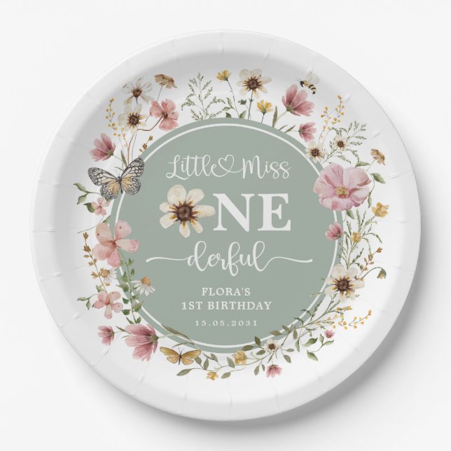 Little Miss ONEderful Sage Green Wildflower Party Paper Plates (Front)