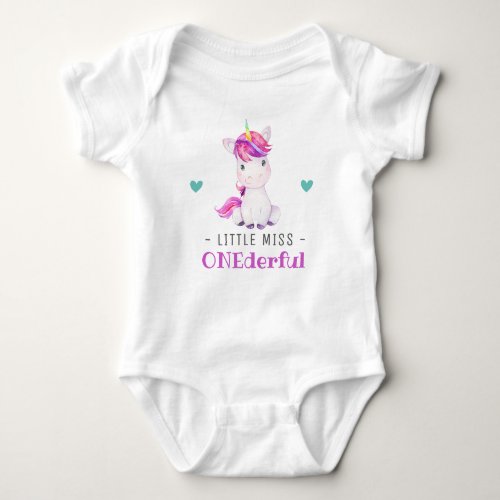 Little Miss Onederful Unicorn Girl 1st Birthday Baby Bodysuit