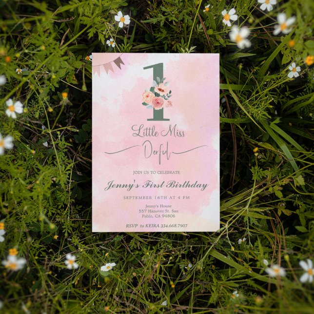 Little Miss ONEderful Watercolor Pink 1st Birthday Invitation (Creator Uploaded)