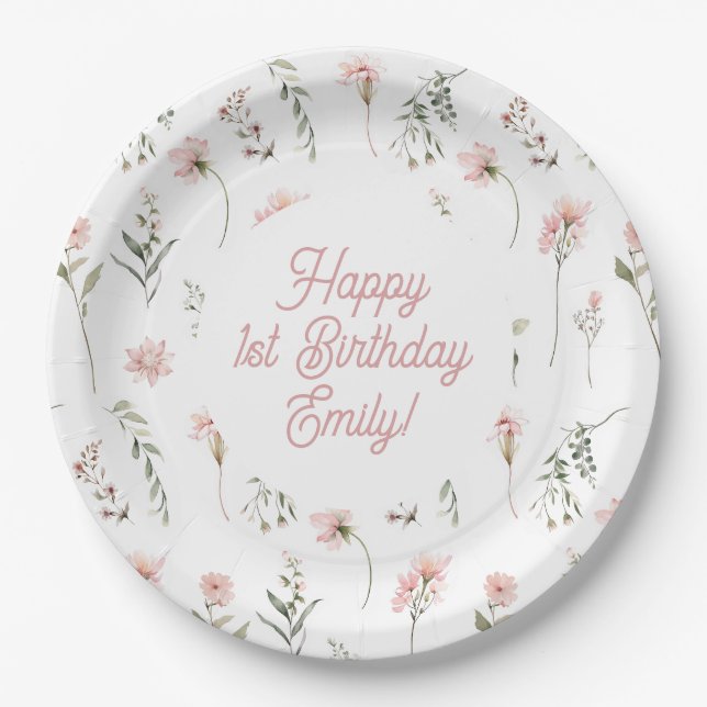 Little Miss Onederland Wildflower 1st Birthday Paper Plates (Front)