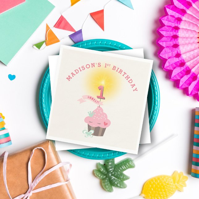 Little Miss Pink Cupcake Girl's 1st Birthday Party Napkins (Whimsical Little Miss Pink Cupcake Girl's 1st Birthday Party Napkins @ fatfatin_mini_me)