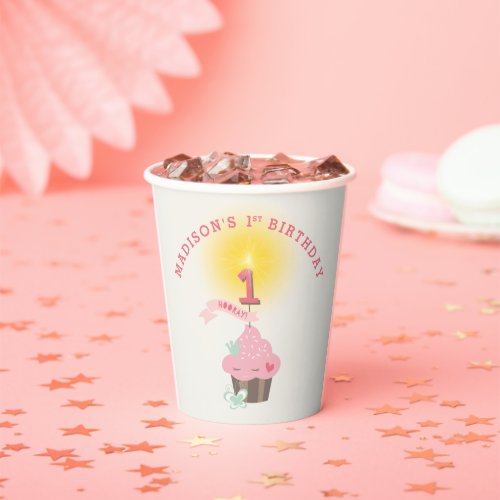 Little Miss Pink Cupcake Girls 1st Birthday Party Paper Cups