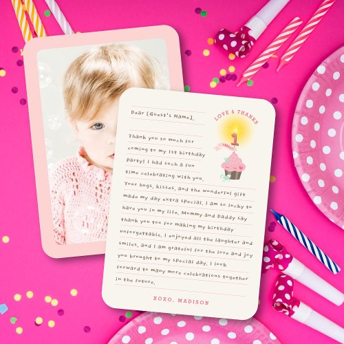 Little Miss Pink Cupcake Girls 1st Birthday Party Thank You Card