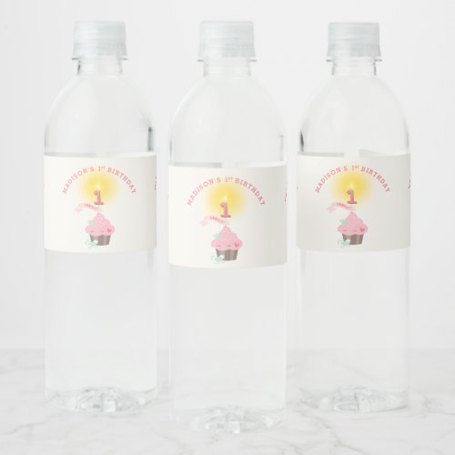 Little Miss Pink Cupcake Girls 1st Birthday Party Water Bottle Label