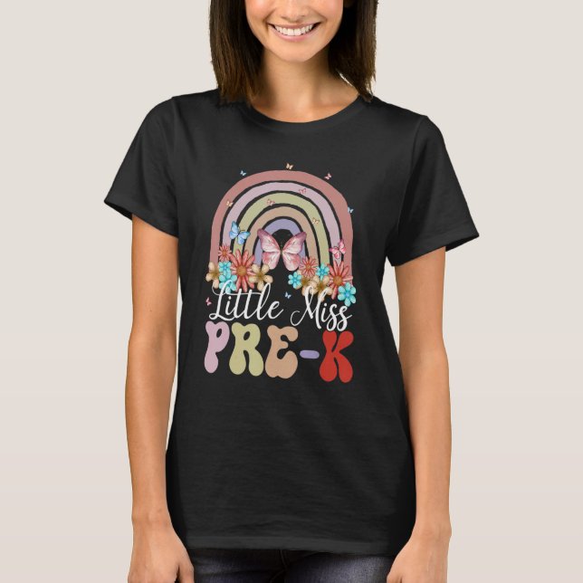 Little Miss Pre K Rainbow Groovy Floral Butterfly T-Shirt (Front)