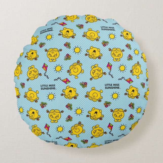 Little Miss Sunshine | Teal Polka Dot Pattern Round Pillow (Front)