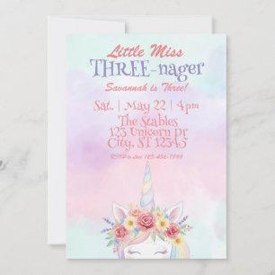Little Miss Three-nager, Unicorn 3rd Birthday Invitation