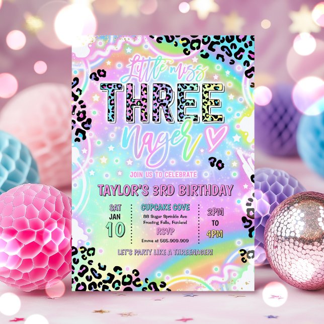 Little Miss Threenage Rainbow Leopard 3rd Birthday Invitation (Creator Uploaded)
