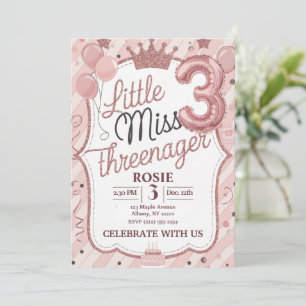 Little Miss Threenager 3rd Birthday Pink  Invitation