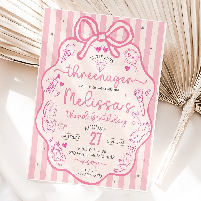 Little Miss Threenager Coquette Bow Invitation (Little Miss,Threenager, invitation, Pink Coquette,Hand Drawn invite, Bow invites,Fashion & Makeup,Gi)