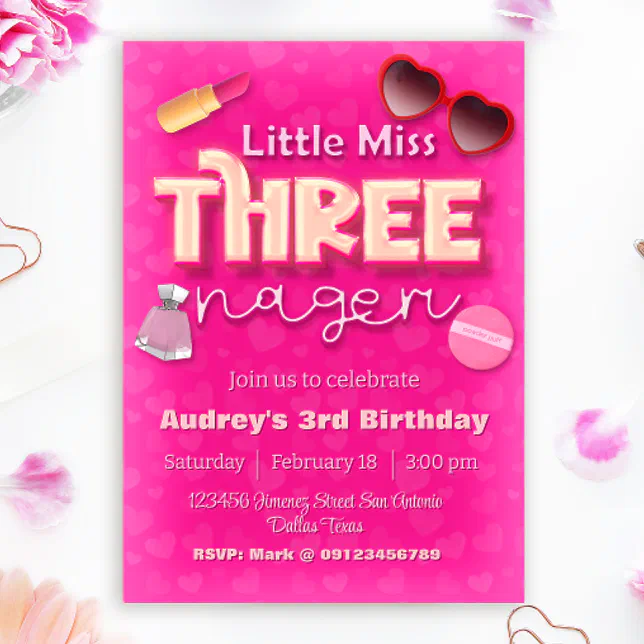 Fotohintergrund "Little Miss Threenager" 2,1x1,5 M - Pink, Für 3. Geburtstag, Make-up & Prinzessin-Party