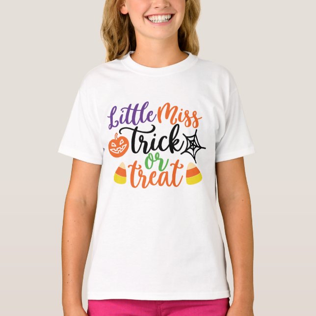 Little Miss Trick or Treat  Fun Halloween T-Shirt (Front)