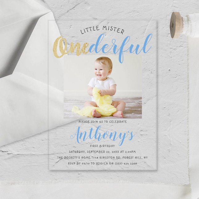 Little Mister Onederful Photo 1st Birthday Acrylic Invitations (Creator Uploaded)