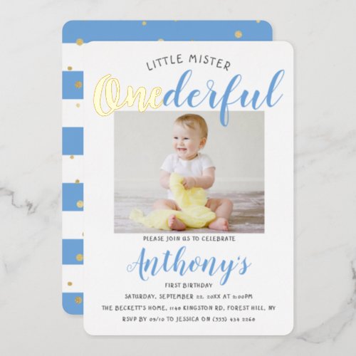 Little Mister Onederful Photo 1st Birthday Real Foil Invitation