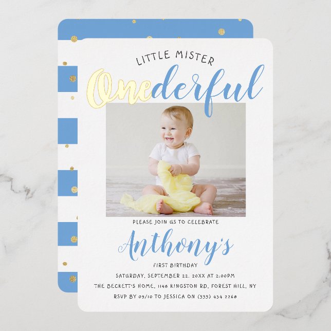 Little Mister Onederful Photo 1st Birthday Real Foil Invitation (Front/Back)