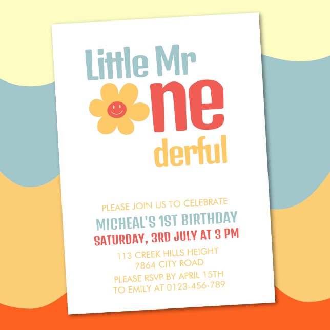 Little Mister Onederful Retro Groovy First  Invitation (Creator Uploaded)