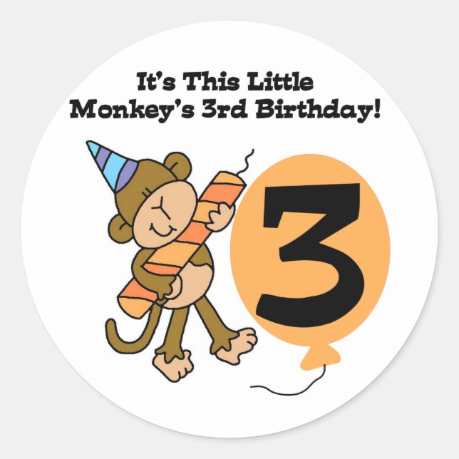 Little Monkey 3rd Birthday Tshirts and Gifts Classic Round Sticker (Front)