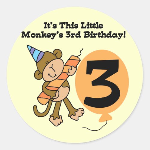 Little Monkey 3rd Birthday Tshirts and Gifts Classic Round Sticker