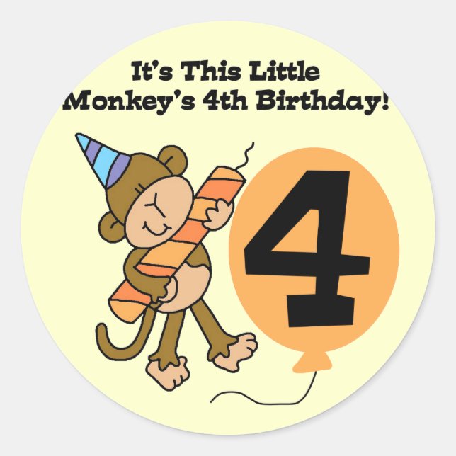 Little Monkey 4th Birthday Tshirts and Gifts Classic Round Sticker (Front)
