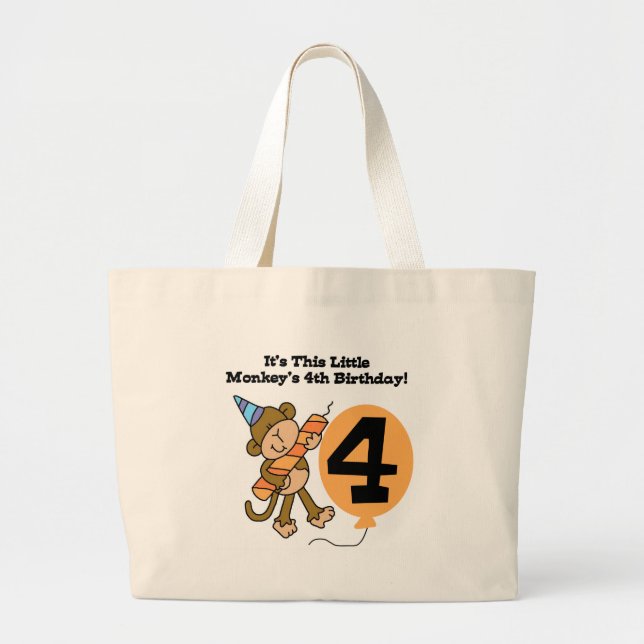Little Monkey 4th Birthday Tshirts and Gifts Large Tote Bag (Front)