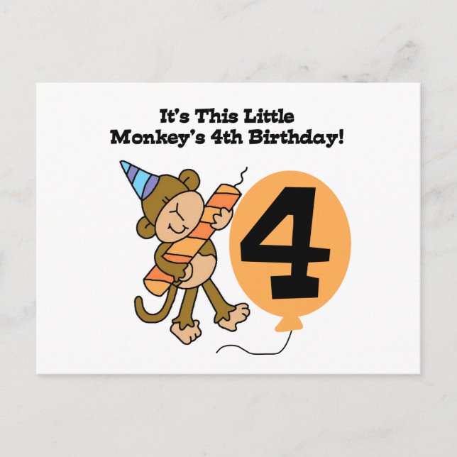 Little Monkey 4th Birthday Tshirts and Gifts Postcard (Front)