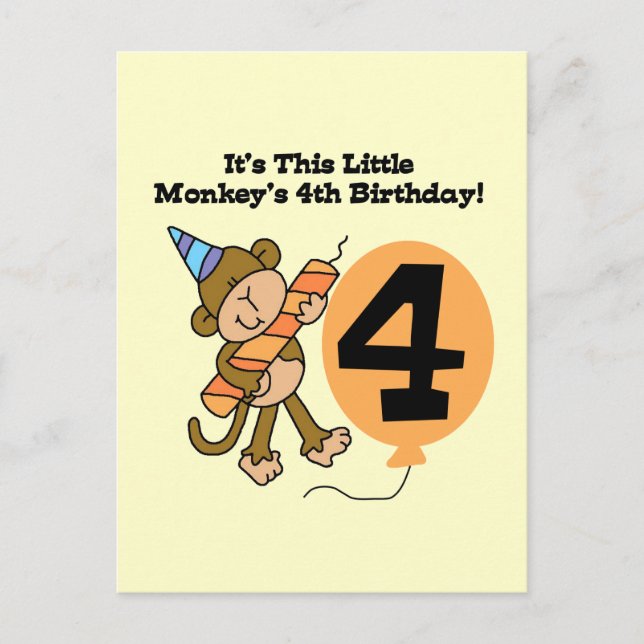 Little Monkey 4th Birthday Tshirts and Gifts Postcard (Front)