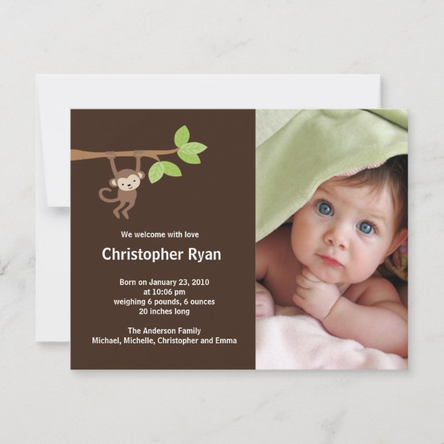 Little Monkey Baby Boy Birth Photo Announcement (Front)