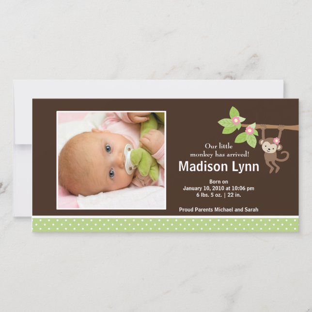 Little Monkey Baby Girl Photo Announcement (Front)
