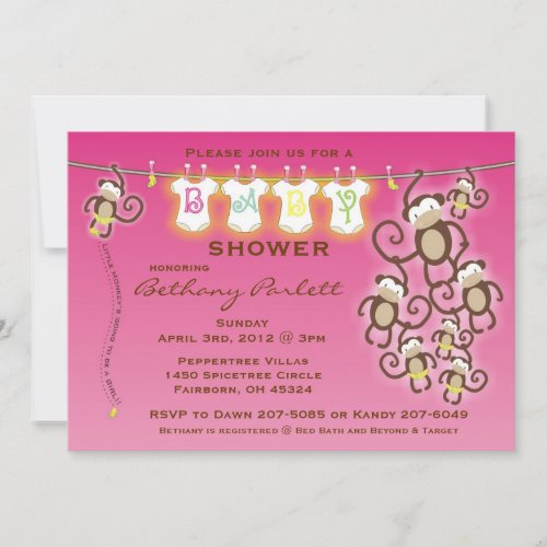 Little Monkey Baby Girl Shower Invitation