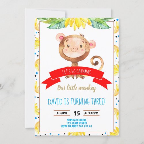 Little Monkey Bananas Jungle Boy Birthday Invitation