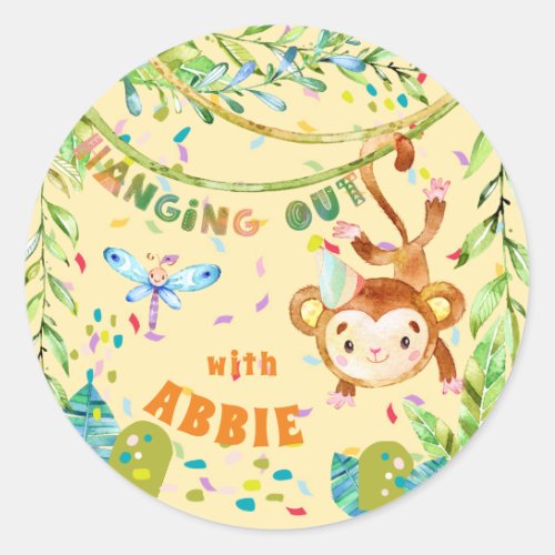 Little Monkey Birthday Hanging Out Classic Round Sticker