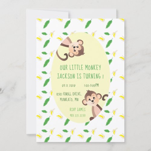Little Monkey First Birthday Banana Peels Green Invitation