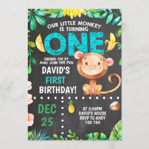 Little Monkey First Birthday Boy Party Invitation