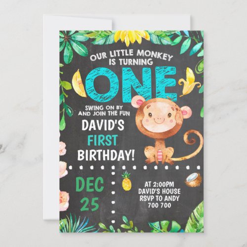 Little Monkey First Birthday Boy Party Invitation