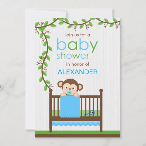 Little Monkey in a Crib Boy Baby Shower Invitation