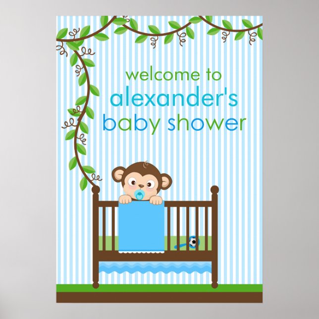Little Monkey in a Crib Boy Baby Shower Poster (Front)