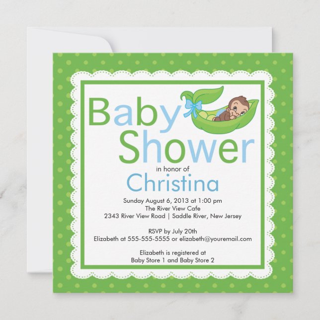 Little Monkey Pea Pod Baby Shower Invitations (Front)