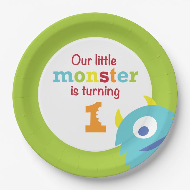 Little Monster 1st Birthday blue green Paper Plates (Front)