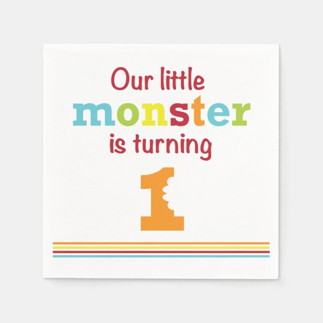 LIttle Monster 1st Birthday blue green stripe Napkins (Front)