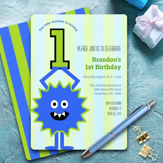 Little Monster 1st Birthday Boy Blue Green Stripes Invitation (Creator Uploaded)