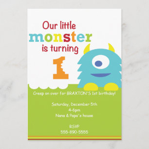 Little Monster 1st Birthday invitation blue green