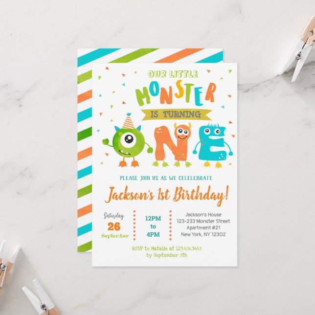 Little Monster 1st Birthday Party Invitations (Front/Back In Situ)