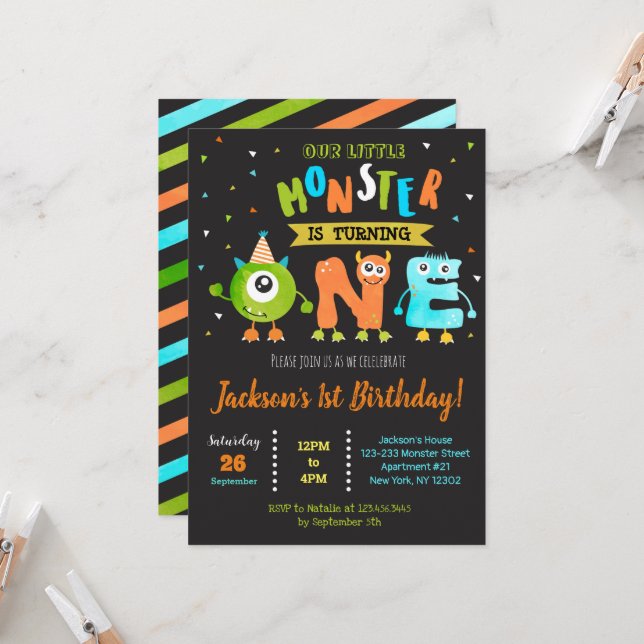 Little Monster 1st Birthday Party Invitations Boy (Front/Back In Situ)