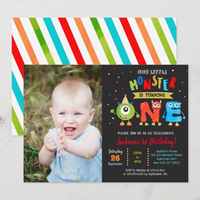 Little Monster 1st Birthday Party Invitations boy (Front/Back)