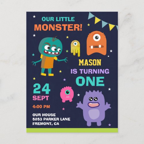 Little Monster 1st First Birthday Party Invitation Postcard