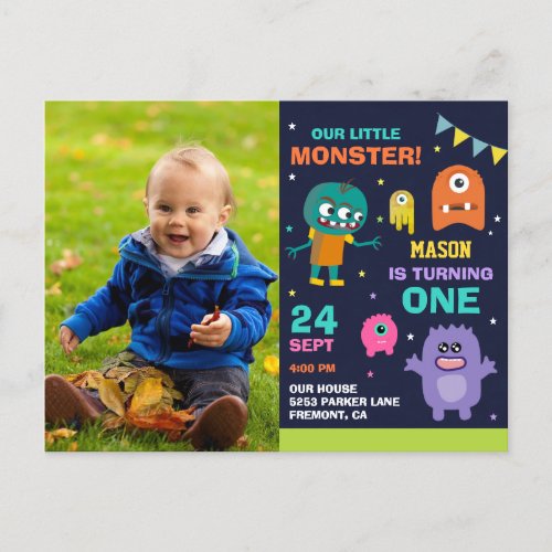 Little Monster 1st Photo Birthday Party Invitation Postcard