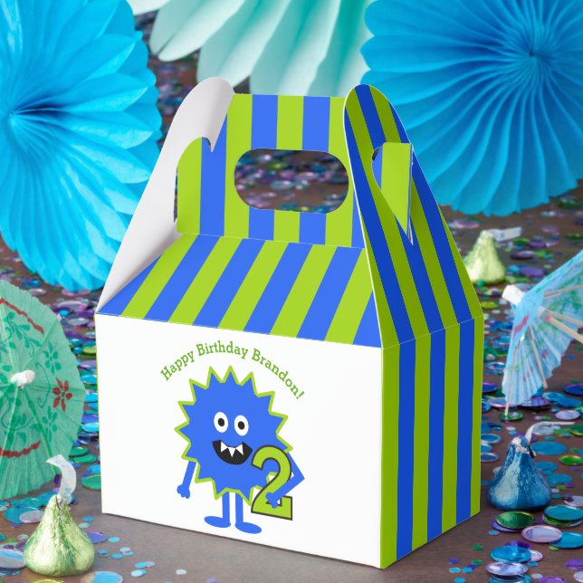 Little Monster 2nd Birthday Boy Blue Green Stripes Favor Boxes (Party)