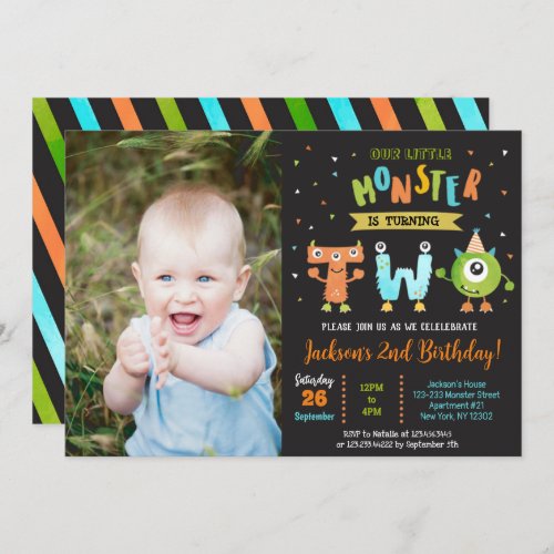 Little Monster 2nd Birthday Party Invitations boy